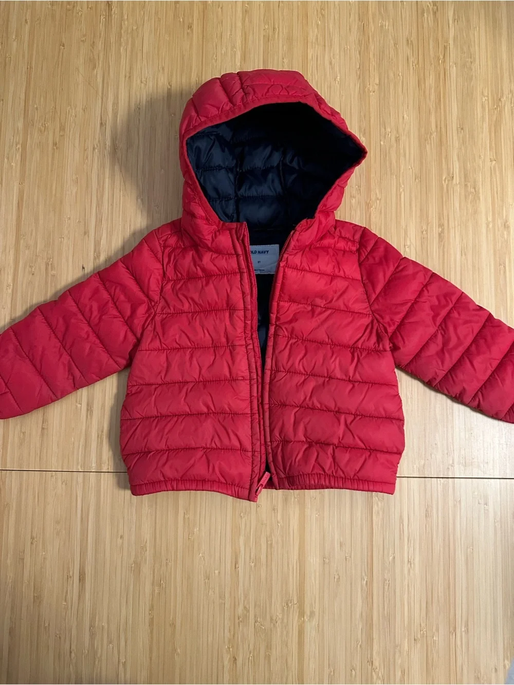 Old Navy Red Hooded Puffer Coat with Navy Lining